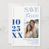 Moderne chique eenvoudige vet script blauw wit bru save the date (Voorkant)