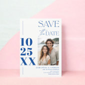 Moderne chique eenvoudige vet script blauw wit bru save the date