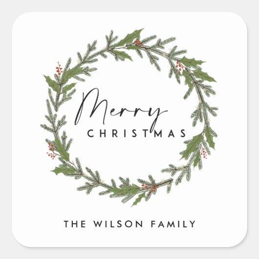 MODERNE CHIQUE ELEGANTE HOLLY BERRY KRANS KERSTMIS VIERKANTE STICKER (Voorkant)