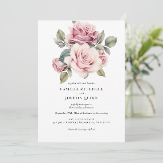 Moderne chique elegante romantische roze roos brui kaart (Staand voorkant)