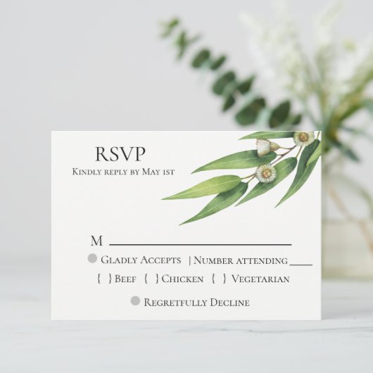 Moderne Chique Eucalyptus bruiloft RSVP (Staand voorkant)