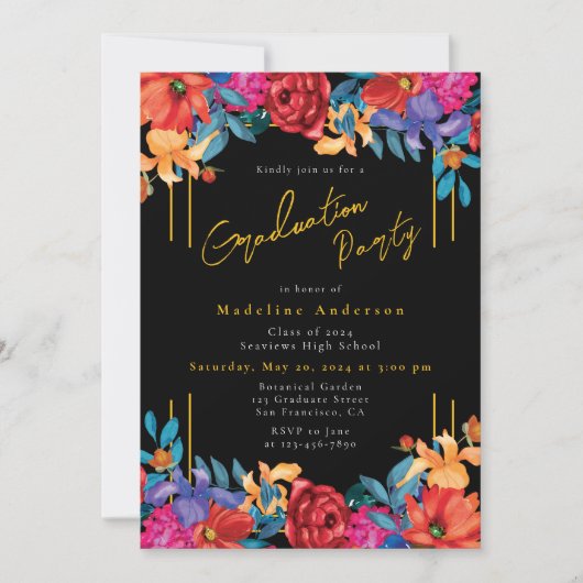 Moderne chique Fiesta Floral Graduation Party Zwar Kaart (Voorkant)