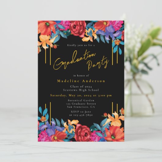 Moderne chique Fiesta Floral Graduation Party Zwar Kaart (Staand voorkant)