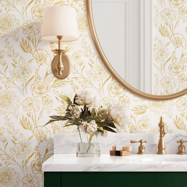 Moderne chique gele lijn kunst bloemblaadpatroon behang (Modern Chic Yellow Line Art Floral Foliage Pattern Wallpaper)