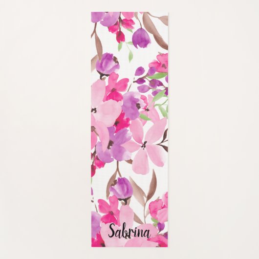 Moderne chique girly roze bloemen waterverf naam yogamat (Voorkant)