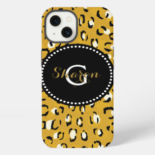 Moderne chique goud luipaardprint patroon monogram iPhone 13 hoesje