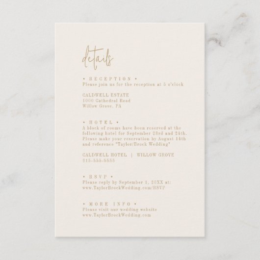Moderne chique gouden bruiloft details informatiekaartje (Voorkant)