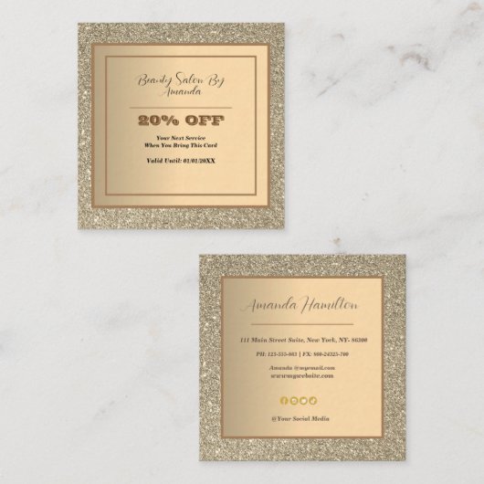 Moderne chique gouden folie glitterij glam salon k vierkante visitekaartje (Voorkant / Achterkant)