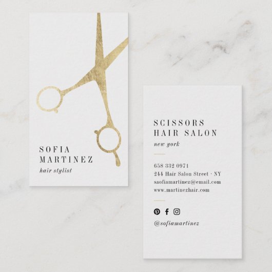 Moderne chique gouden folie haarstylist schaar log visitekaartje (Voorkant / Achterkant)