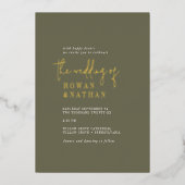 Moderne Chique Gouden Folie Olijfgroen Foto Bruilo Folie Uitnodiging (Voorkant)