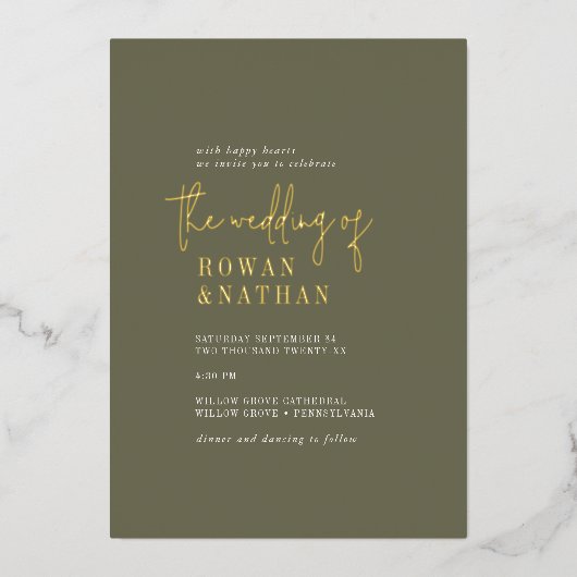Moderne Chique Gouden Folie Olijfgroen Foto Bruilo Folie Uitnodiging (Voorkant)
