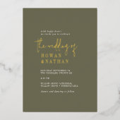 Moderne Chique Gouden Folie Olijfgroen Foto Bruilo Uitnodiging (Voorkant)