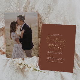 Moderne chique gouden folie terracotta foto bruilo folie uitnodiging