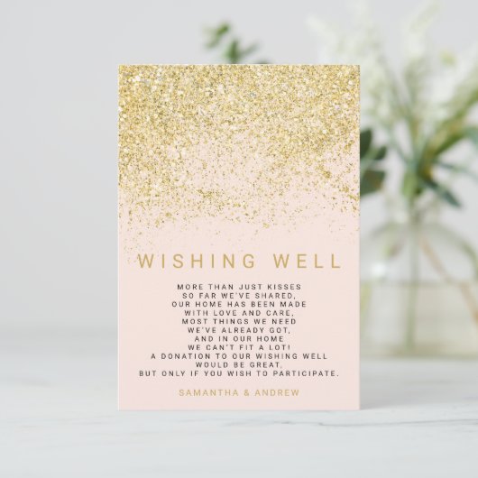 Moderne chique gouden glitter blush roze wensgoed informatiekaartje (Staand voorkant)