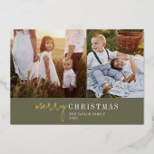 Moderne Chique Groene en Gouden Folie Fotocollage  Folie Feestdagenkaart (Voorkant)