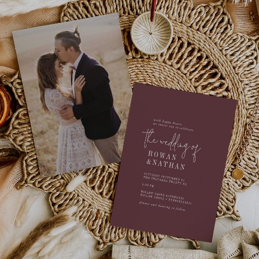 Moderne chique herfst Bourgondië foto terug bruilo Kaart