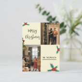 Moderne chique Holly bessen 2 foto Vrolijk Kerstfe Feestdagenkaart (Staand voorkant)