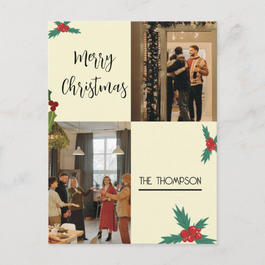 Moderne chique Holly bessen 2 foto Vrolijk Kerstfe Feestdagenkaart (Voorkant)