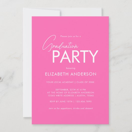 Moderne Chique Hot Pink Typografie Graduation Part Kaart (Voorkant)