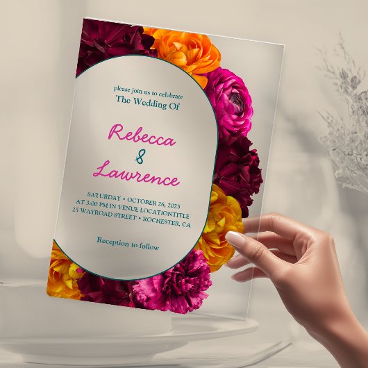 Moderne chique hot roze groen geel bloemen bruilof acryl uitnodigingen