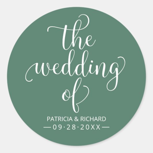 Moderne chique kalligrafie De bruiloft van groen Ronde Sticker (Voorkant)