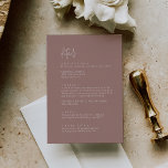 Moderne chique kaneel roze bruiloft details informatiekaartje<br><div class="desc">Deze moderne chique kaneel roze bruiloft details bijsluiter kaart is perfect voor een eenvoudige bruiloft. Het romantische boho-ontwerp heeft een rustieke,  unieke en stijlvolle bohemian-typografie in een gedempte stoffige rozen mauve-kleur.</div>