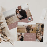 Moderne chique kaneel roze fotocollage save the date<br><div class="desc">Deze moderne chique kaneel roze fotocollage bewaar de datumkaart perfect voor een eenvoudige bruiloft. Het romantische boho-ontwerp heeft een rustieke, unieke en stijlvolle bohemian-typografie in een gedempte stoffige rozen mauve-kleur. Personaliseer uw kaart met 5 verloving foto's, uw namen, trouwdatum en bruiloft website adres. Neem een QR-code op zodat uw gasten...</div>