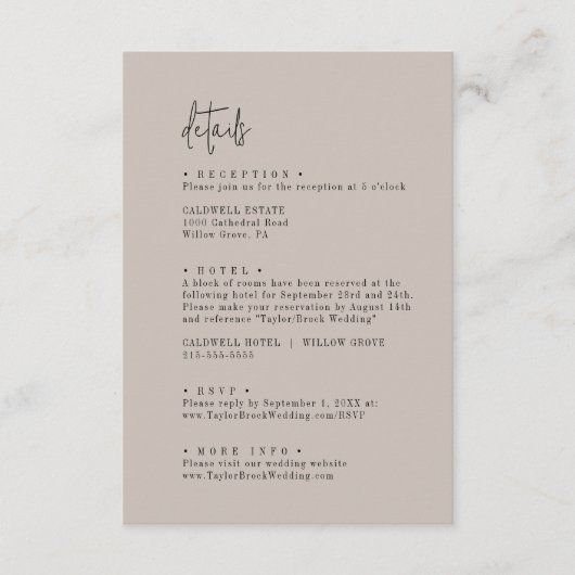Moderne Chique KLEUR BEWERKBARE bruiloft details Informatiekaartje (Voorkant)