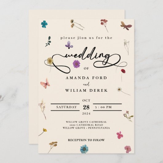 moderne chique kleurrijke room wilde bloem bruilof kaart (Voorkant / Achterkant)