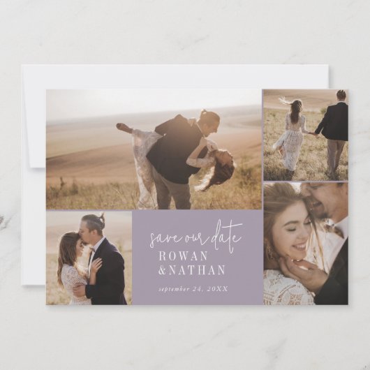 Moderne chique lavendel Paarse fotocollage Save The Date (Voorkant)