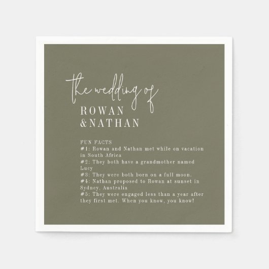 Moderne Chique Olijf Groene Leuke Feiten Bruiloft Servet (Voorkant)
