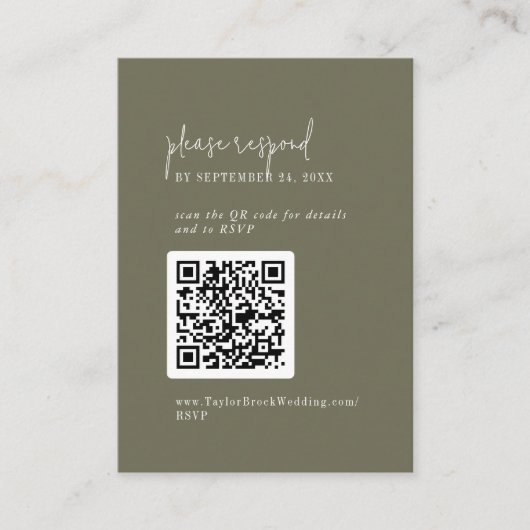 Moderne Chique Olijfgroen QR Code RSVP Informatiekaartje (Voorkant)
