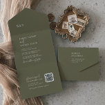 Moderne Chique Olijfgroen QR Monogram Bruiloft All In One Uitnodiging<br><div class="desc">Deze moderne chique olijfgroene QR monogram bruiloft is allemaal in één uitnodiging perfect voor een eenvoudige bruiloft. Het bosrijke boho-ontwerp heeft een rustieke, unieke en stijlvolle bohemian-typografie in een minimale bosgroene kleur. Schrijf je gastadressen met de hand op de achterkant van de gevouwen uitnodiging, of koop coördinerende gastadreslabel stickers (apart...</div>