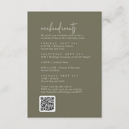 Moderne chique olijfgroene bruiloft weekend evenem informatiekaartje (Voorkant)