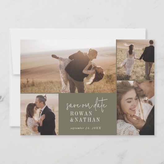 Moderne chique olijfgroene fotocollage save the date (Voorkant)