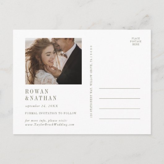 Moderne Chique Olijfgroene Kalender Save the Date Uitnodiging Briefkaart (Achterkant)