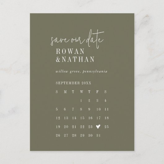 Moderne Chique Olijfgroene Kalender Save the Date Uitnodiging Briefkaart (Voorkant)