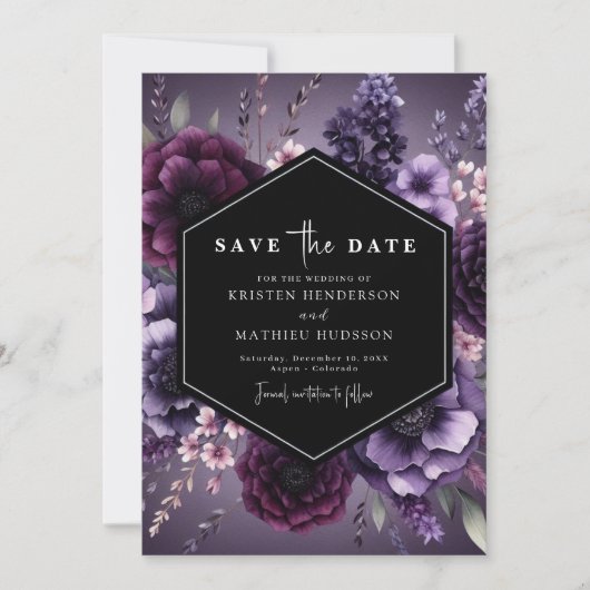 Moderne chique Paarse bloemenbruiloft Save The Date (Voorkant)