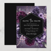 Moderne chique Paarse bloemenbruiloft Save The Date (Voorkant / Achterkant)