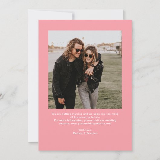 Moderne chique pastel roze gouden fotoscript bruil save the date (Achterkant)