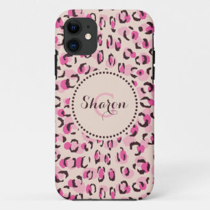 Moderne chique roze luipaardprint patroon monogram iPhone 11 hoesje