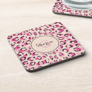 Moderne chique roze luipaardprint patroon monogram onderzetter