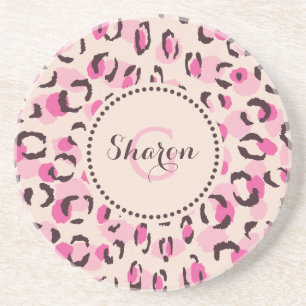 Moderne chique roze luipaardprint patroon monogram zandsteen onderzetter