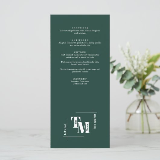 Moderne chique smaragd groene boho bruiloft dank u menu (Staand voorkant)