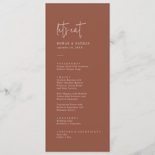 Moderne chique terracotta roest laten we bruiloft  menu (Voorkant)