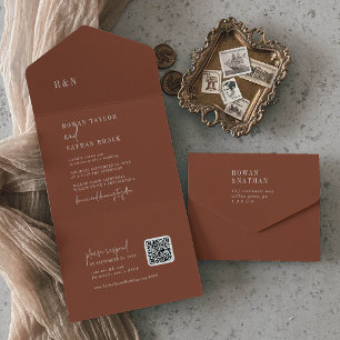 Moderne Chique Terracotta Roest QR Monogram Bruilo All In One Uitnodiging