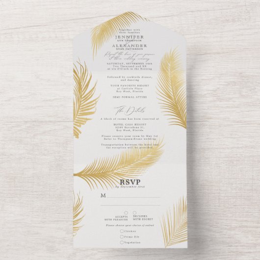 Moderne chique tropische gouden palm van witte bru all in one uitnodiging (Binnen)