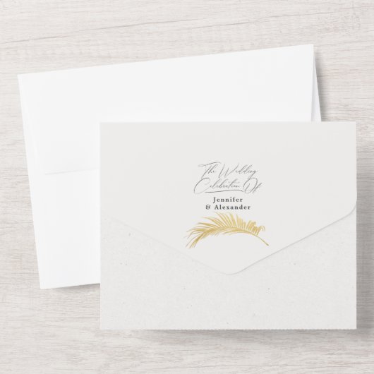 Moderne chique tropische gouden palm van witte bru all in one uitnodiging (Achterkant)