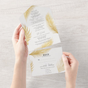 Moderne chique tropische gouden palm van witte bru all in one uitnodiging