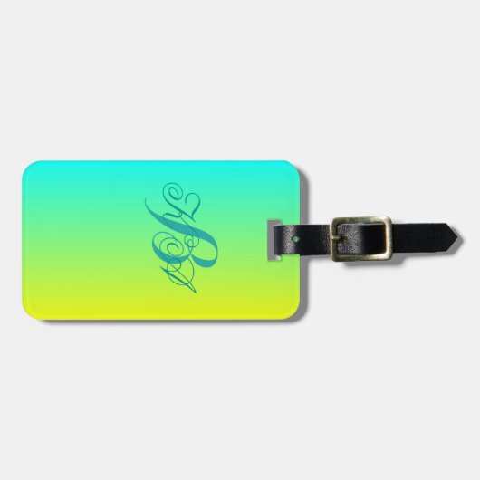 Moderne chique turquoise geel groen ombre monogram bagagelabel (Voorkant horizontaal)